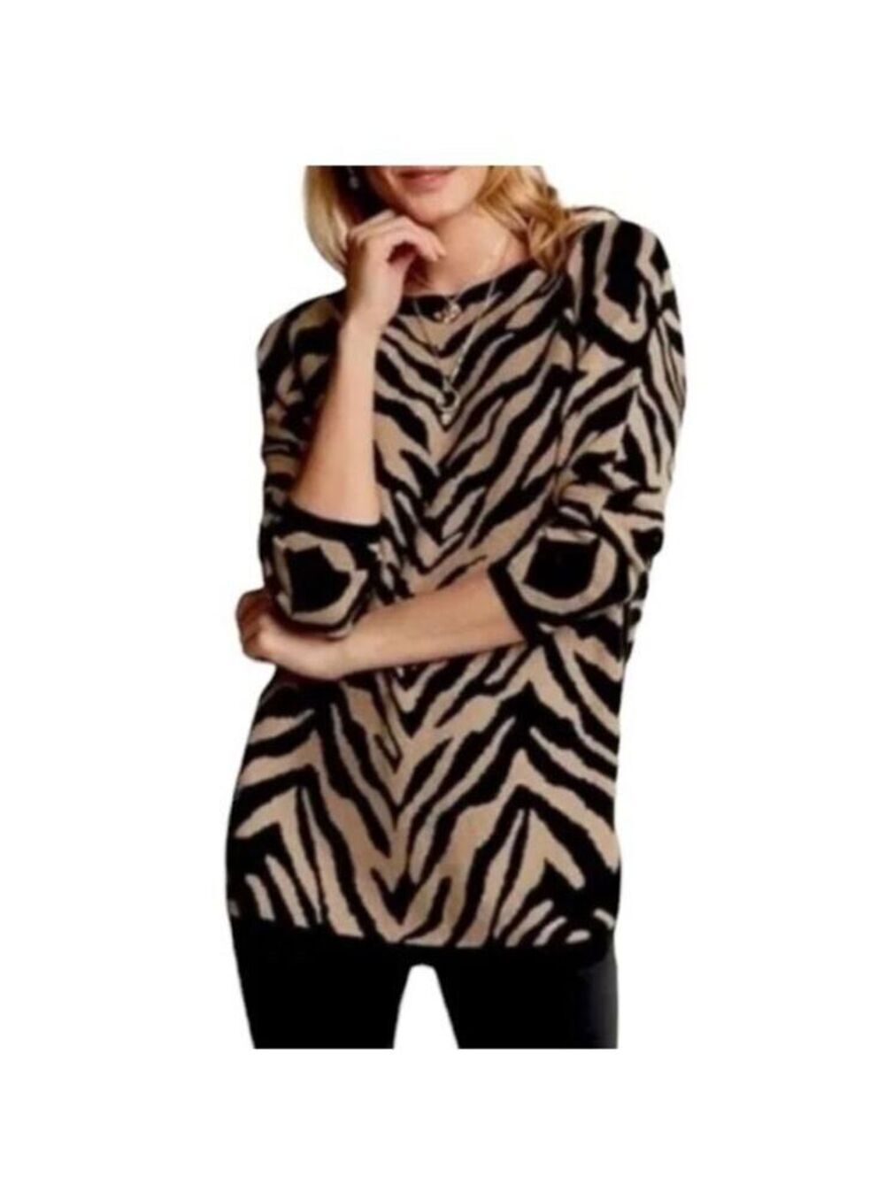 cAbi Dani Oversized Zebra Print Boatneck Tunic Pullover Sweater Black Tan Small